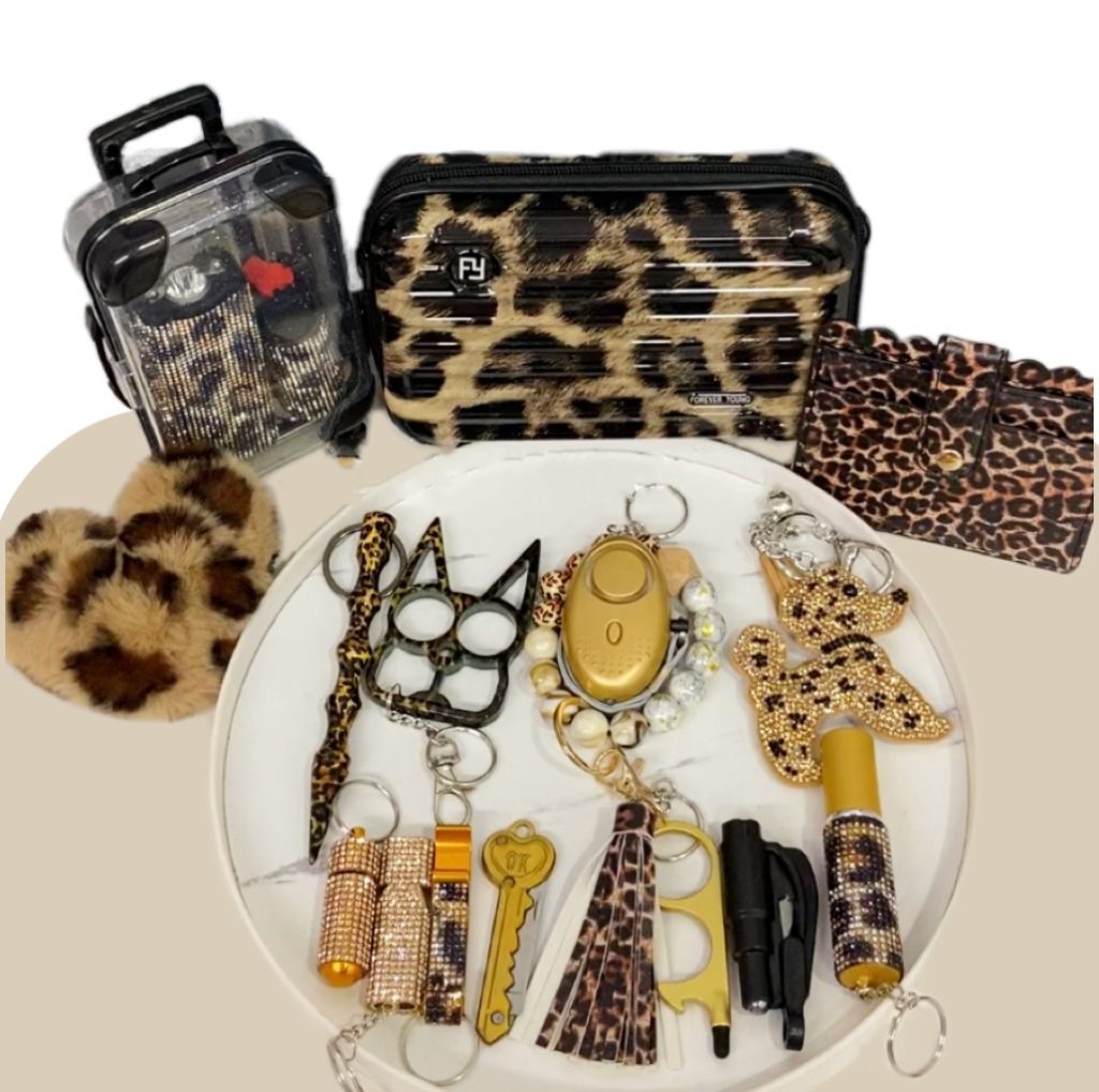 Stylish Brown Leopard Print Sel Defense Keychain Set 